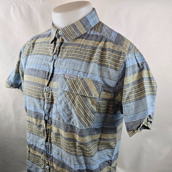 Columbia Shirt Mens Medium Grey Yellow Striped Button Up Short Sleeve Outdoors 1 - Picture 4 of 8